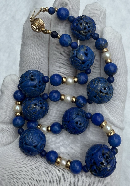 Stunning Chinese Carved Shou Royal Blue Lapiz Lazuli & 14k Beaded Necklace0