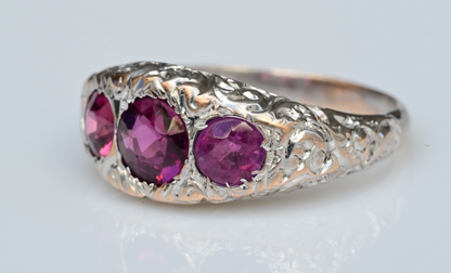 Art Deco Gypsy Ring in 10K White Gold Purplish Pink Rhodolite Garnets IGI Cert2