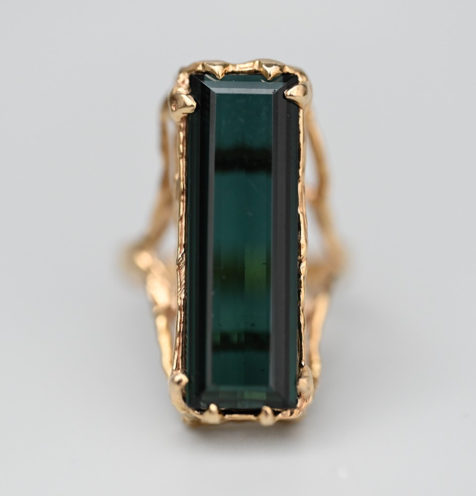 Beautiful Elongated Green Tourmaline Statement Ring in 14K Yellow Gold4