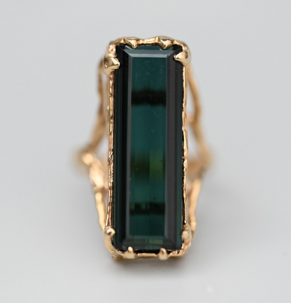 Beautiful Elongated Green Tourmaline Statement Ring in 14K Yellow Gold4