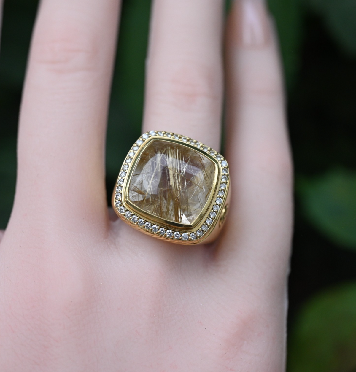 Designer David Yurman Cushion Cut Rutilated Quartz and Diamond 18K Gold Ring2