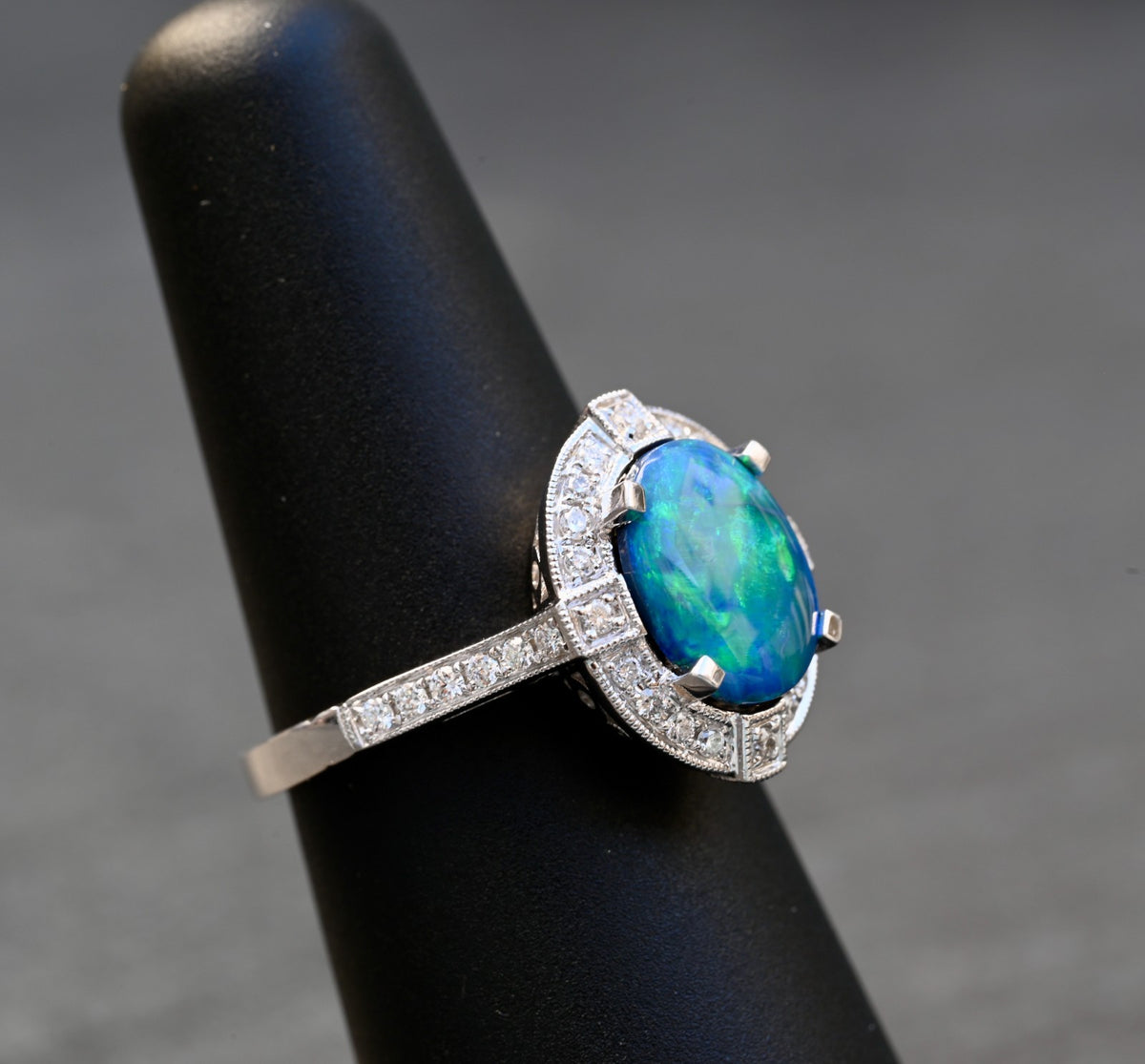 IGI Certified 14K White Gold Ring with Natural Black Opal Surrounded by Diamonds3
