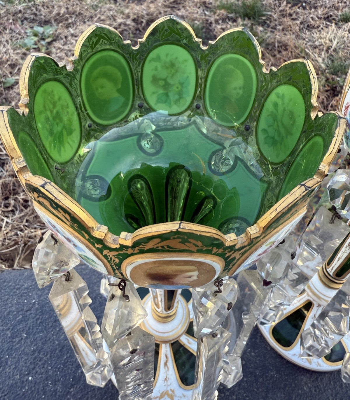Antique 19th C. Bohemian Moser Glass Emerald Green Enameled & Gilt Lustres14