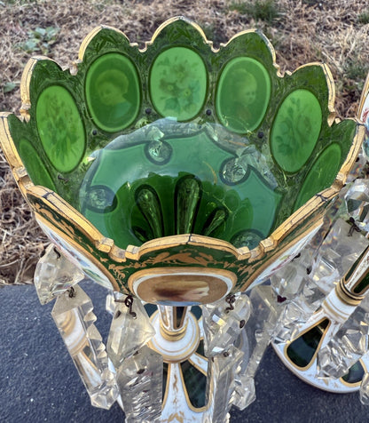 Antique 19th C. Bohemian Moser Glass Emerald Green Enameled & Gilt Lustres14