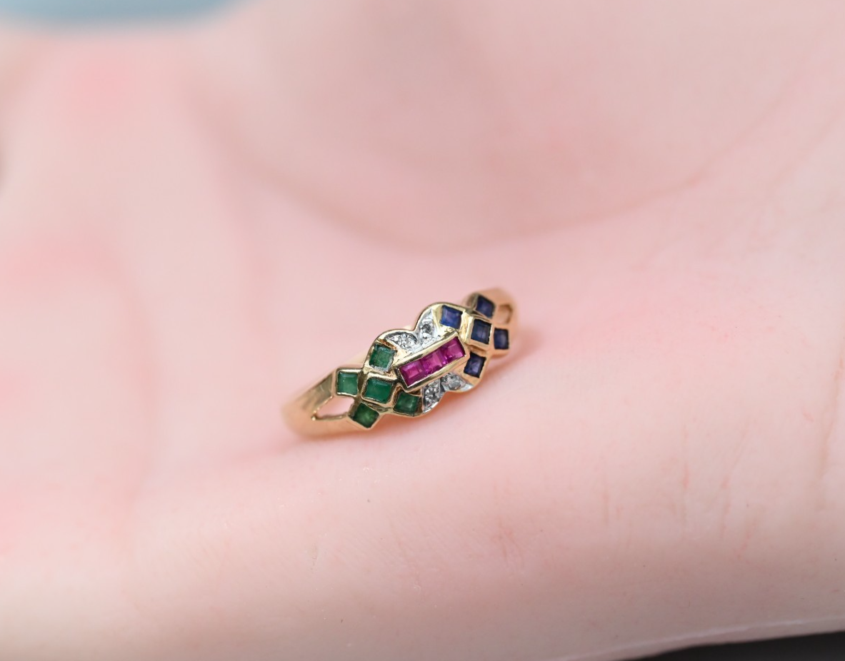 Mosaic Design Multi-gemstone Emeralds, Sapphires, Rubies, & Diamonds 14k YG Ring9