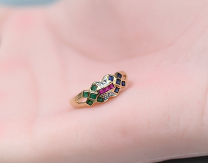 Mosaic Design Multi-gemstone Emeralds, Sapphires, Rubies, & Diamonds 14k YG Ring9