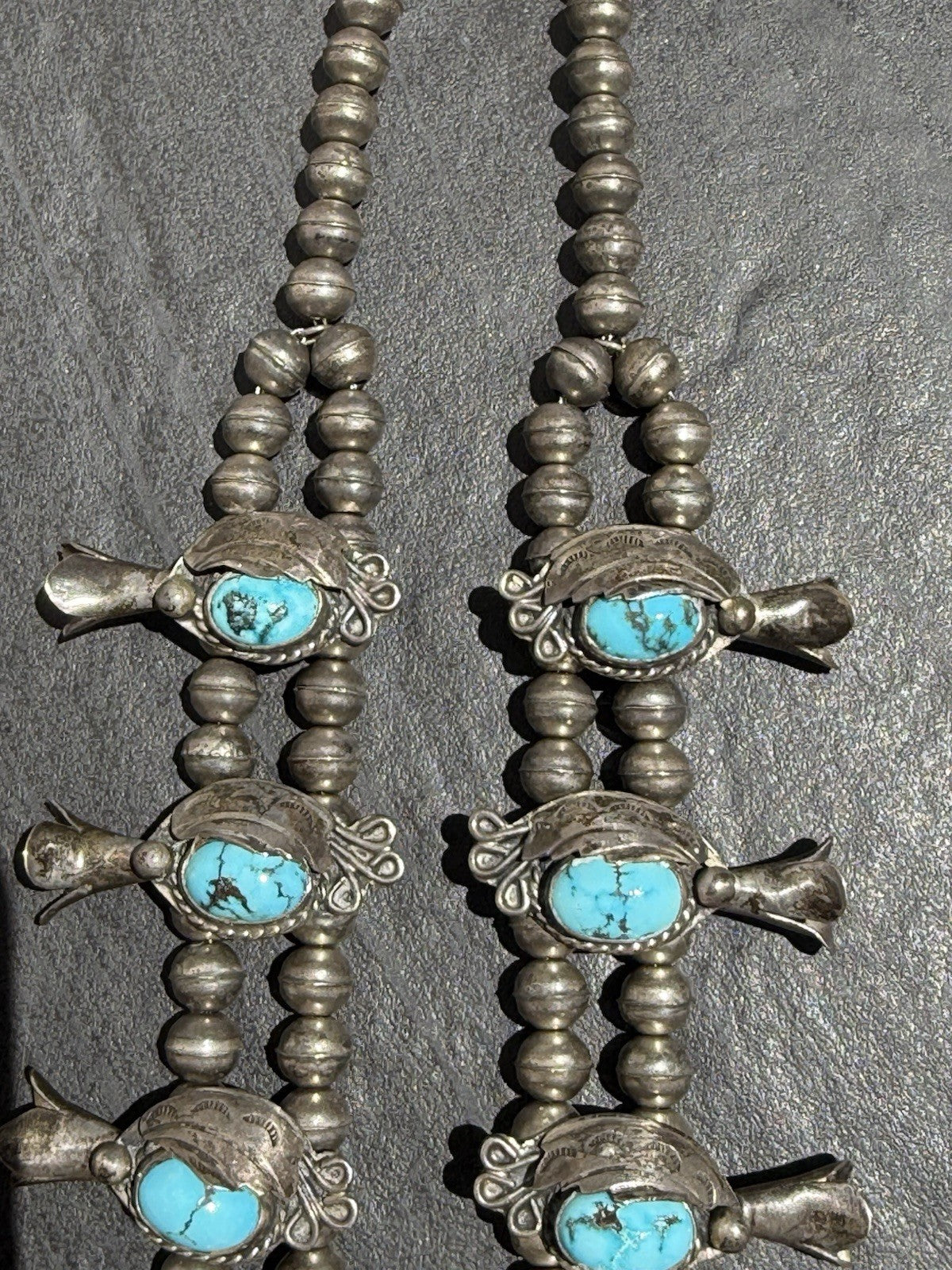 Early Native American Blue Turquoise & Sterling Silver Squash Blossom Necklace4