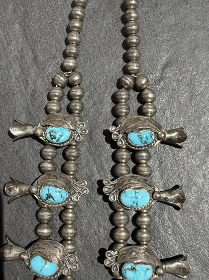Early Native American Blue Turquoise & Sterling Silver Squash Blossom Necklace4
