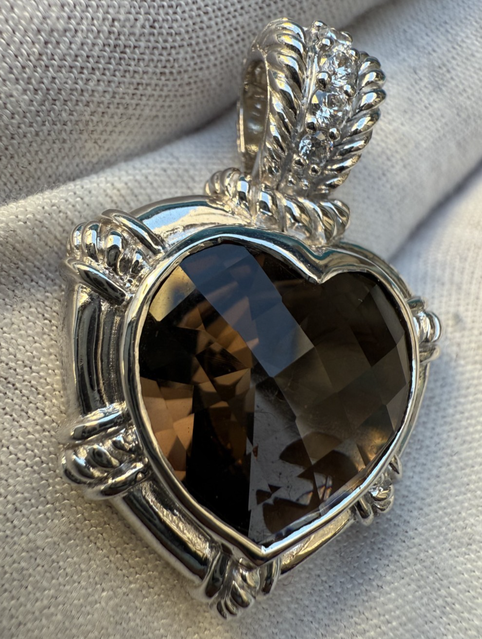 Lovely Judith Ripka Sterling Silver Faceted Smoky Quartz Heart Pendant 4
