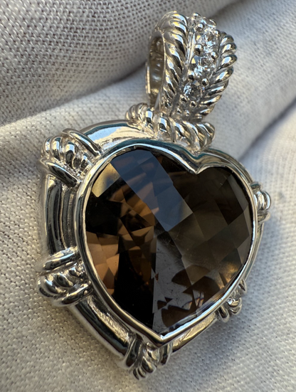 Lovely Judith Ripka Sterling Silver Faceted Smoky Quartz Heart Pendant 4