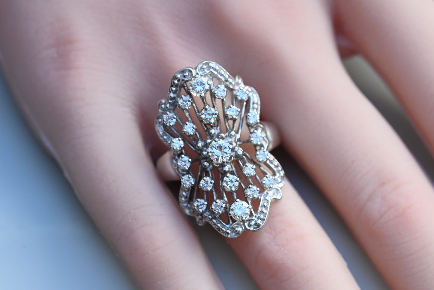 Amazing 14k WG Cocktail Ring in Art Deco Filigree Style with Cluster of Diamonds3