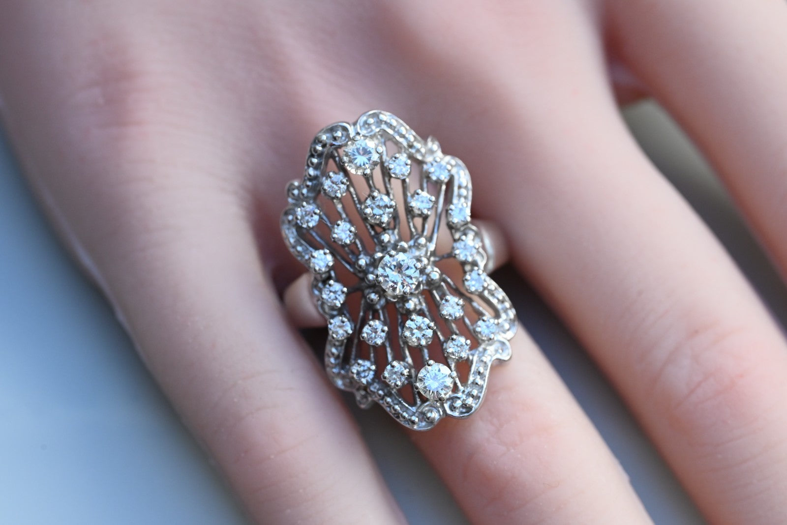 Amazing 14k WG Cocktail Ring in Art Deco Filigree Style with Cluster of Diamonds3