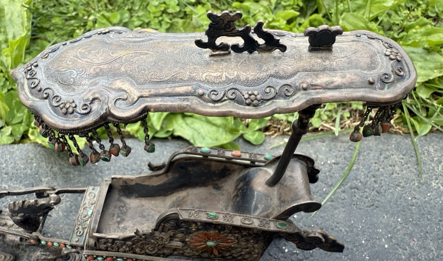 Antique Chinese Silver Sculpture of Dragon-Drawn Celestial Carriage Jade Wheels4