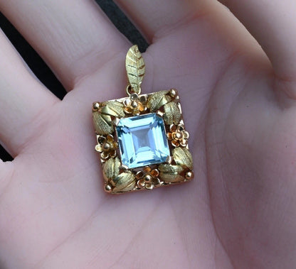 Stunning Art Nouveau Period Aquamarine 18K Tri-Color Gold Floral Pendant0