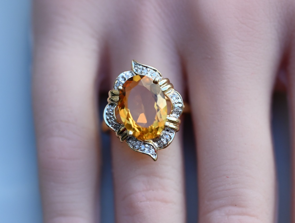 Eye-catching Vintage Faceted Citrine Cocktail Ring with Halo of Diamonds 14k YG0