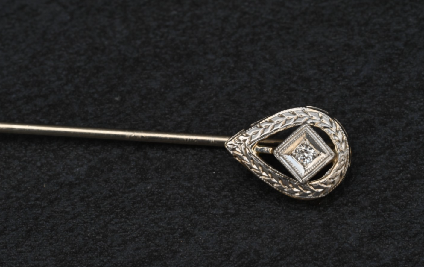 Antique Platinum & 14K Art Deco Stick Pin with Teardrop Shaped Filigree Head1