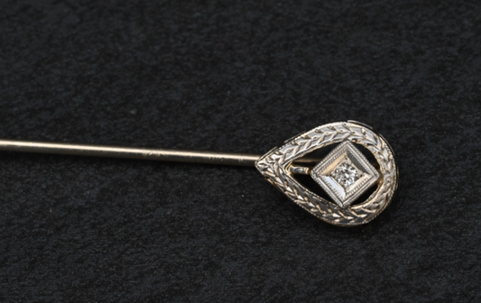 Antique Platinum & 14K Art Deco Stick Pin with Teardrop Shaped Filigree Head1