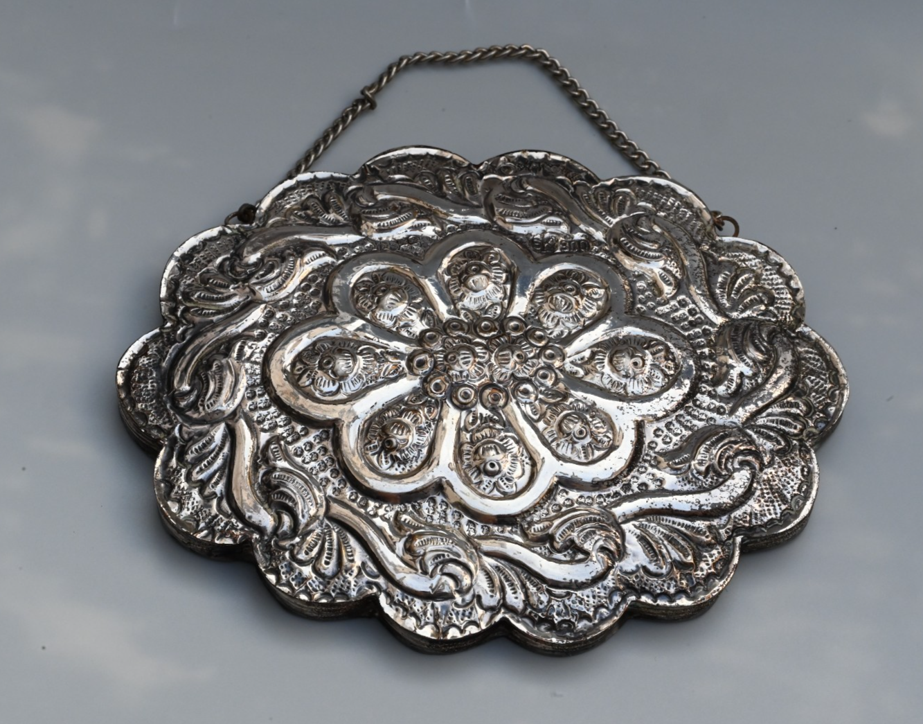 Gorgeous Turkish 900 Silver Wedding Mirror with Repousse Floral Scallop Design0