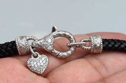 Black Braided Leather & Sterling Silver Heart Charm Necklace by Judith Ripka4