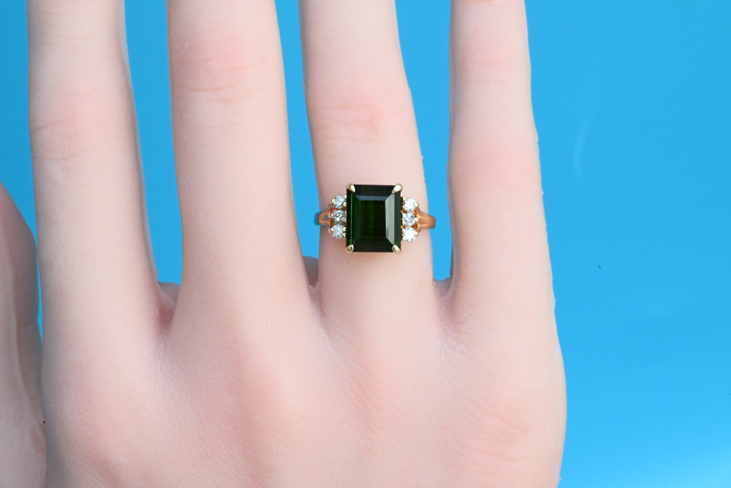 Emerald-Cut Green Tourmaline Flanked by Small Diamonds on 14K Yellow Gold Band7