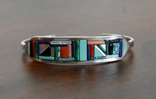 Gorgeous Native American Zuni Sterling Silver Cuff Bracelet with Mosaic Inlay0