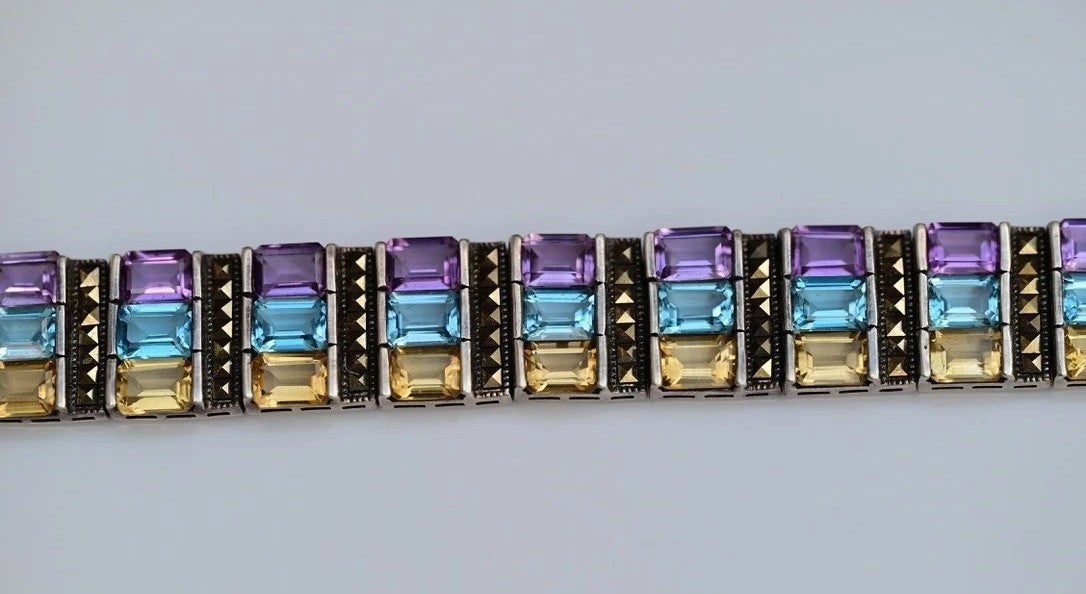 Beautiful Vintage Multi Gemstone & Sterling Silver Bracelet Marked NF1
