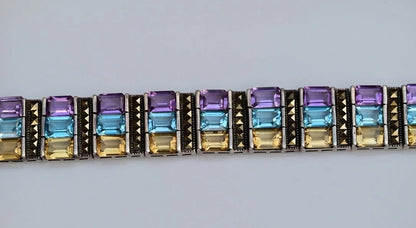 Beautiful Vintage Multi Gemstone & Sterling Silver Bracelet Marked NF1