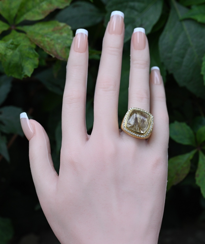 Designer David Yurman Cushion Cut Rutilated Quartz and Diamond 18K Gold Ring1