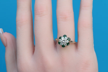 Wonderful Vintage Floral 12K -14K White Gold Ring W/ Natural Diamonds & Emeralds2