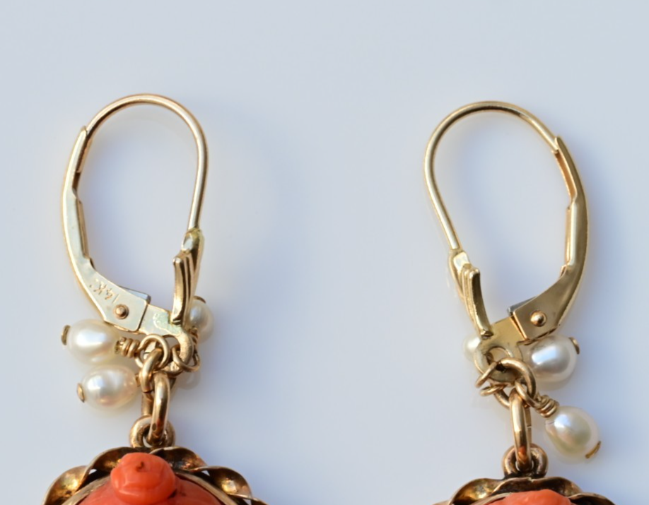 Antique Victorian Hand Carved Natural Red Coral Cameo Drop Dangle Earrings 14K4