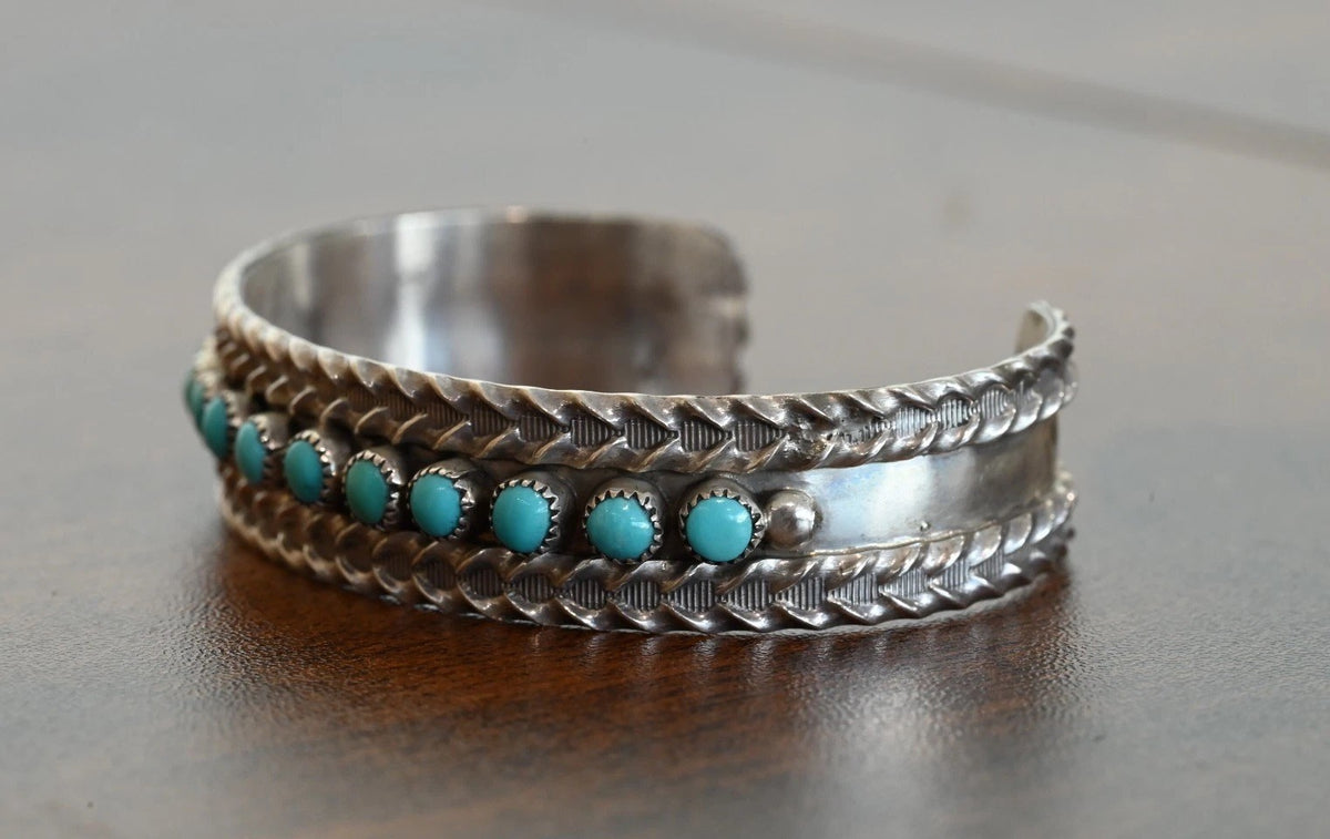 Gorgeous Signed B NATEWA Zuni Sterling Silver Cuff Bracelet with Turquoise Gems3