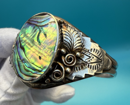 Attractive Sterling Silver Floral Abalone Shell Mother Of Pearl Cuff Bracelet 3