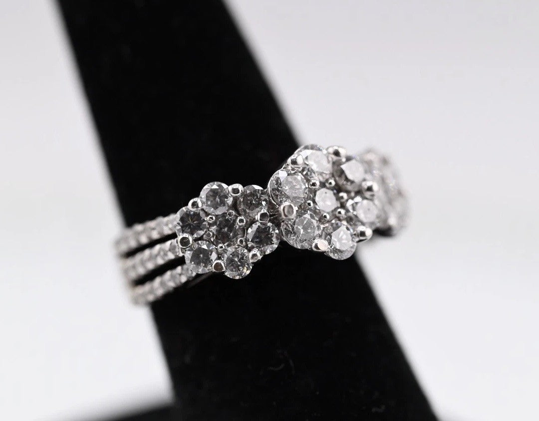 Gorgeous 14K White Gold 2TW Diamond Cluster Ring in Triple Flower Design11