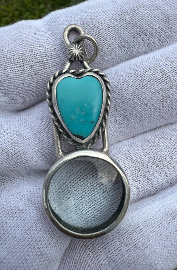 Signed MS Sterling Silver Southwest Jewelers Loupe W/ Heart Shaped Turquoise 0