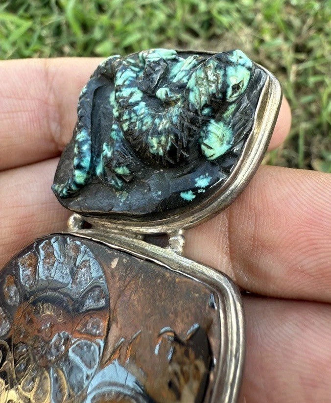 Southwestern Style Sterling Silver Pendant W Ammonite Fossil & Carved Turquoise2