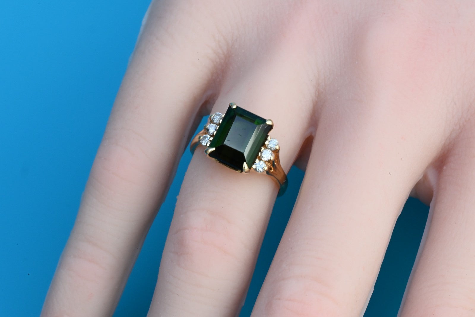 Emerald-Cut Green Tourmaline Flanked by Small Diamonds on 14K Yellow Gold Band9