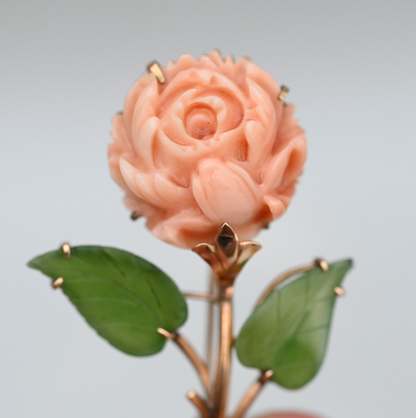 Gorgeous Carved Natural Coral & Leafy Green Jade 14k Gold Flower Brooch Pin3