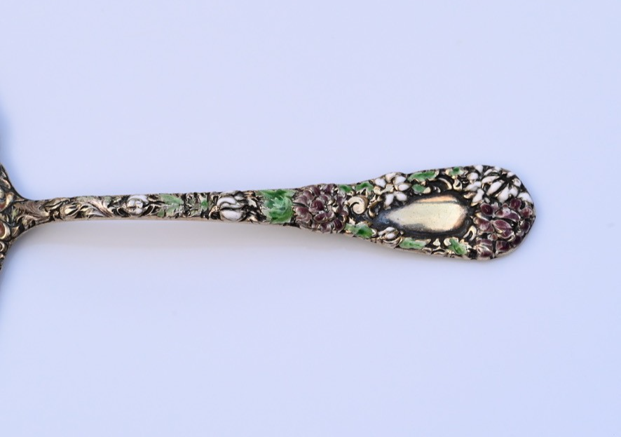 Antique William Durgin Co. Enameled Chrysanthemum Sterling Silver Serving Spoon6