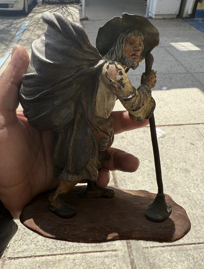Rare Antique Austrian Vienna Cold Painted Bronze Match Spill of Old Poor Man10