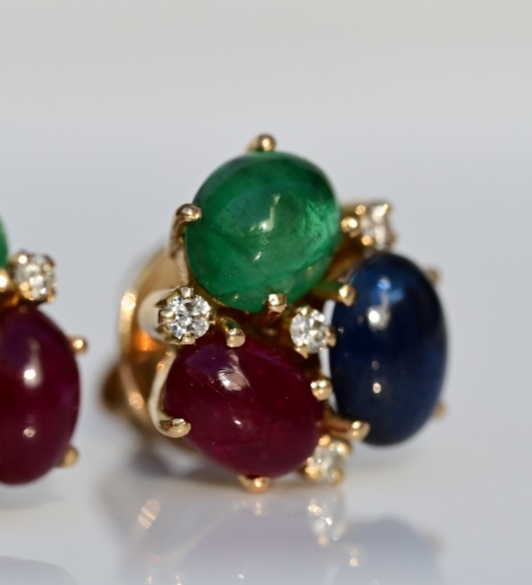 Emerald, Sapphire, Ruby & Diamond 18k Yellow Gold Bubble Earrings IGI Certified4