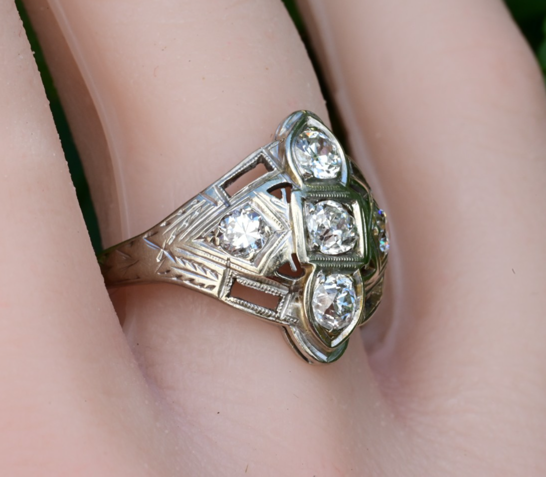 Exquisite Geometric Open Filigree Art Deco Old European Cut Diamond Cluster Ring4