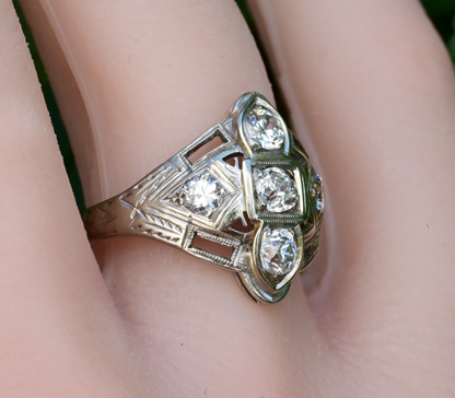 Exquisite Geometric Open Filigree Art Deco Old European Cut Diamond Cluster Ring4