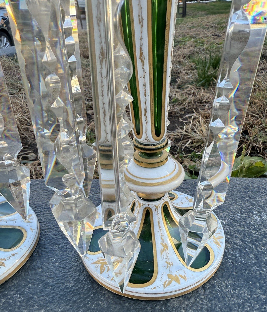 Antique 19th C. Bohemian Moser Glass Emerald Green Enameled & Gilt Lustres11