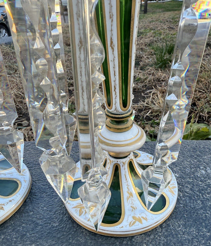 Antique 19th C. Bohemian Moser Glass Emerald Green Enameled & Gilt Lustres11