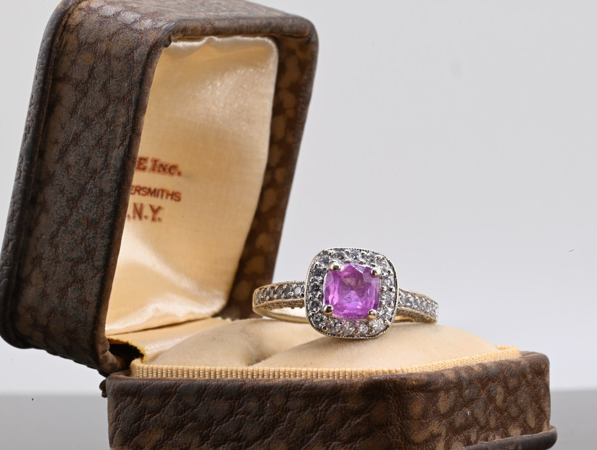 Vintage 1 ct Natural Pink Sapphire & Halo Diamond Ring 14K W  Gold IGI Certified5