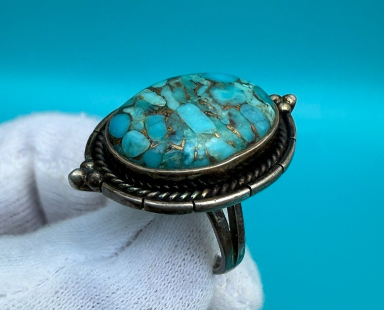 Superb Native American Signed Sterling Silver Ring w/ Turquoise Gem3