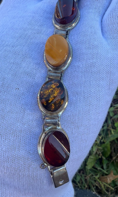 Wonderful Vintage Lab & Natural Amber Continental European Silver Bracelet1