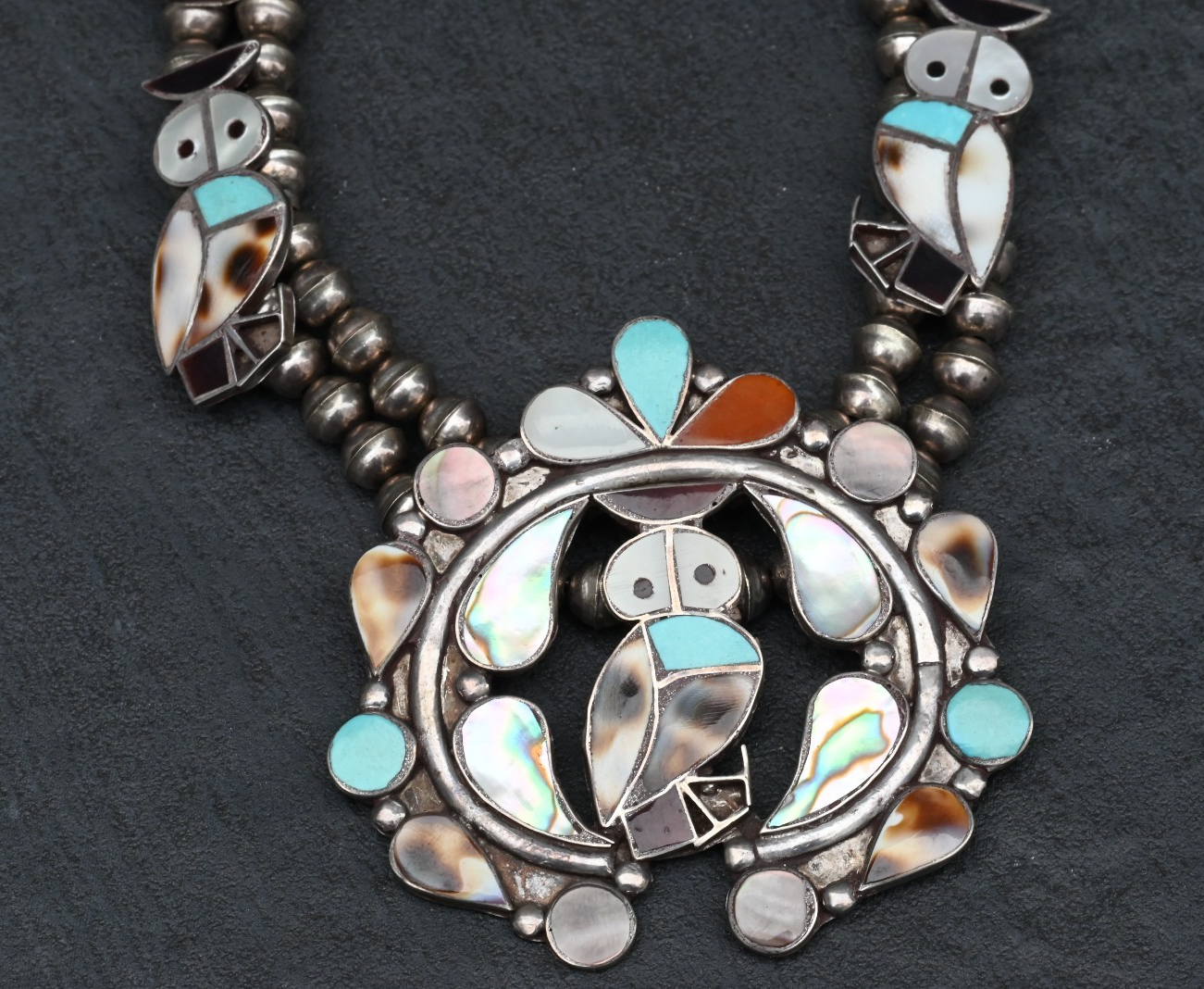 Stunning Native American Zuni Squash Blossom Necklace w/ Shell & Turquoise Owls1