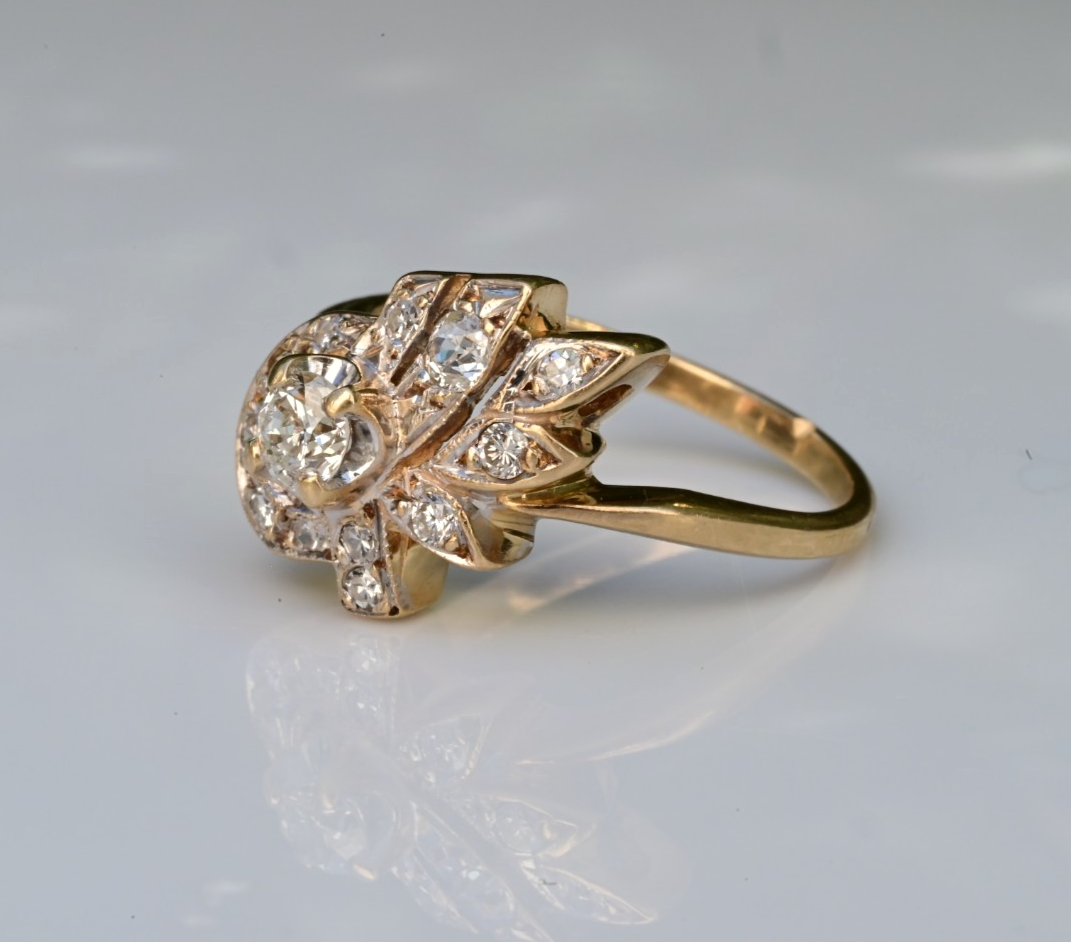 Floral Spray & Ribbon Cluster 14K Ring with Natural Antique Round-cut Diamonds9