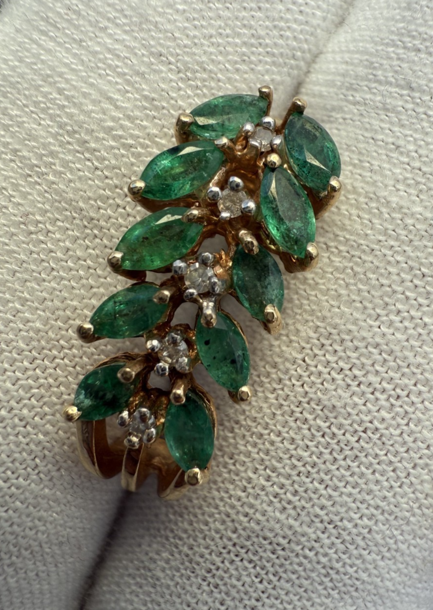 Pair of Natural Emerald Drop Earrings with Diamond Accents in 14K Yellow Gold5